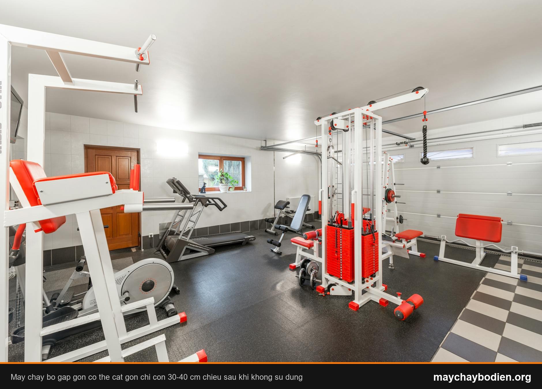 Modern interior design of new spacious fitness gym for home sport training and heavy weightlifting in garage of big house